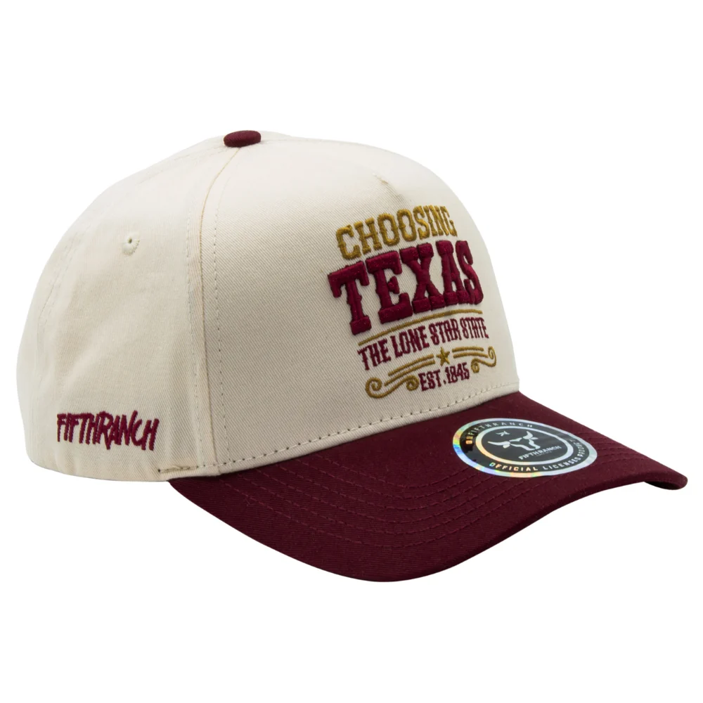 Gorra Fifth Ranch Choosing Texas, Crema / vino, bordado dorado