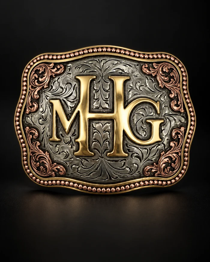 Hebilla grabada con iniciales MHG, marco dorado con grabado floral plateado y detalles en cobre