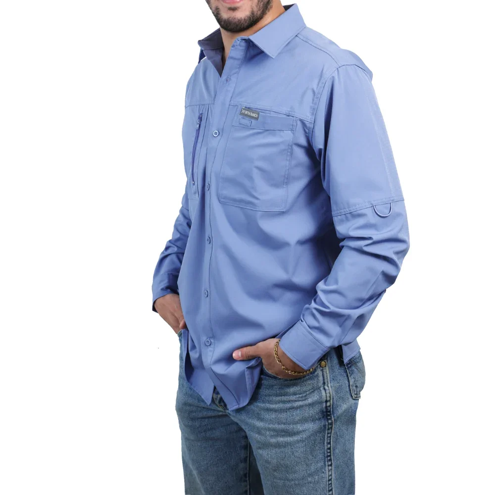Camisa Fifth Ranch Azul, Manga larga, corte amplio tipo pesca, bolsas frontales con cierre
