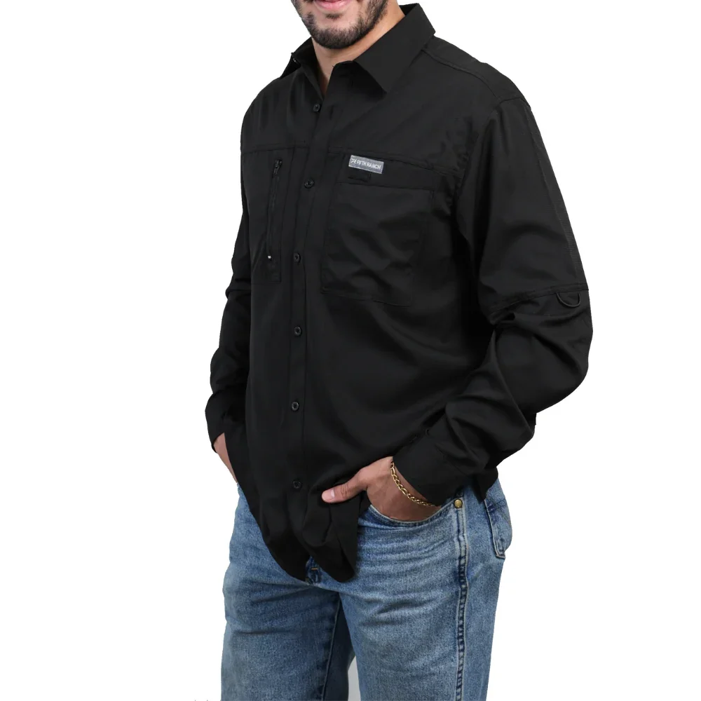 Camisa Fifth Ranch Negra, Manga larga, corte amplio tipo pesca, bolsas frontales con cierre