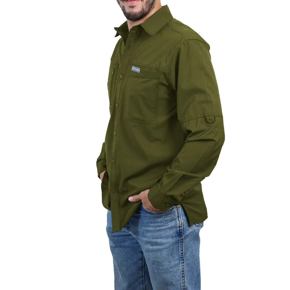 Camisa Fifth Ranch Verde Olivo, Manga larga, corte amplio tipo pesca, bolsas frontales con cierre