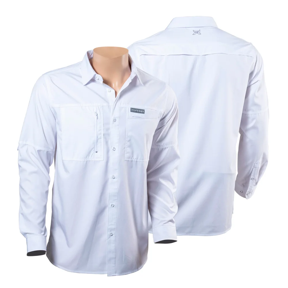 Camisa Fifth Ranch Blanca, Manga larga, corte amplio tipo pesca, bolsas frontales con cierre